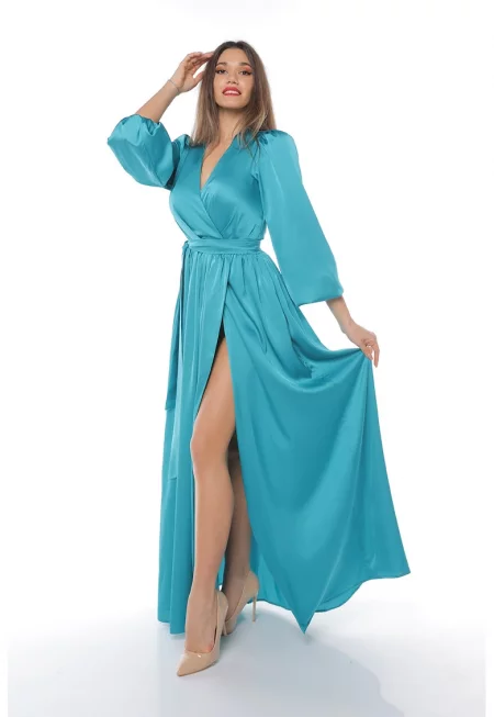 Разкроена рокля със застъпено деколте и шлиц - Тюркоаз