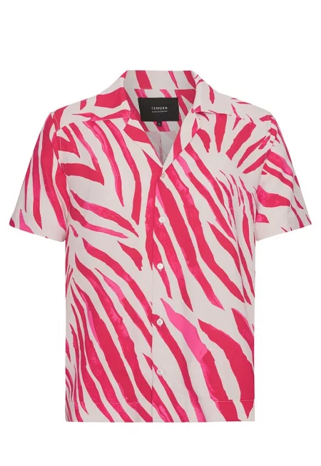 Риза с принт - къс ръкав и закопчаване с копчета - Бял