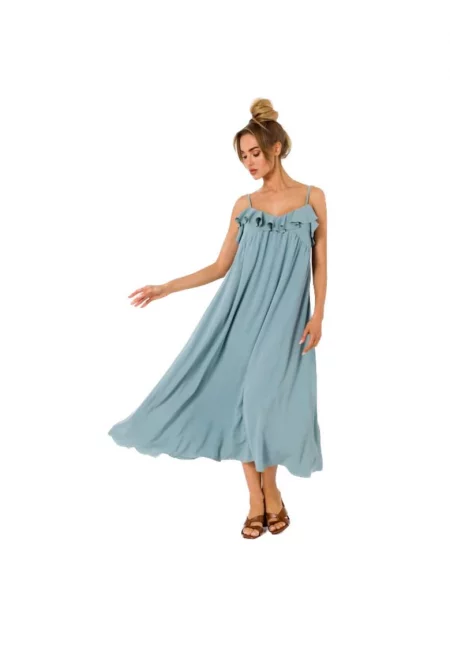 Rochie midi evazata cu bretele subtiri si volane -  Зелен