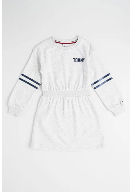 Рокля с дълги ръкави - еластична талия и лого - Сив меланж/Тъмносин