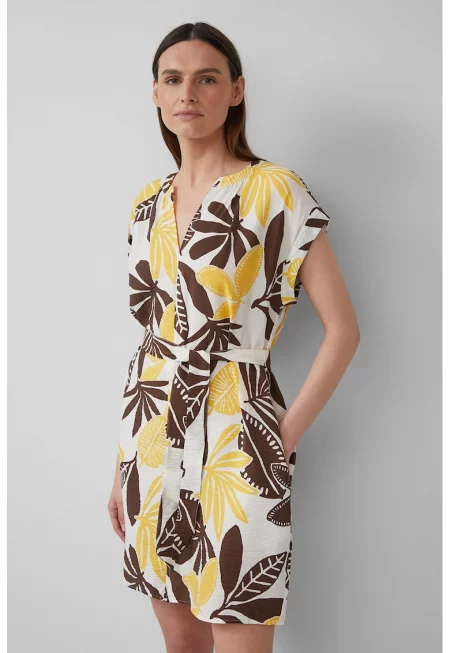 Рокля с колан - Бял/Кафяв/Жълт