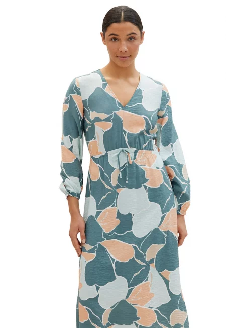 Рокля с шпиц и колан - Бледооранжев/Син