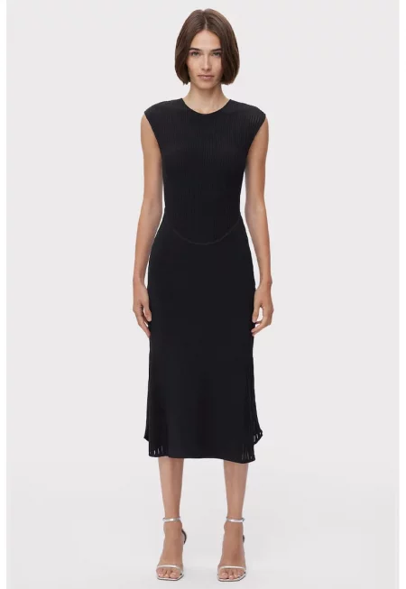Round Neckline Sleeveless Midi Dress - Черен