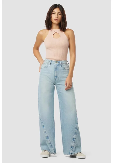 Широки дънки с висока талия и функционален цип на глезените - Син