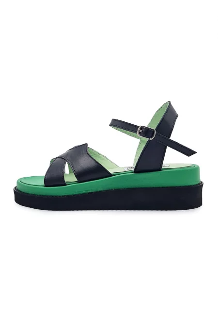 Скосени кожени сандали с контрасти - Зелен/Черен