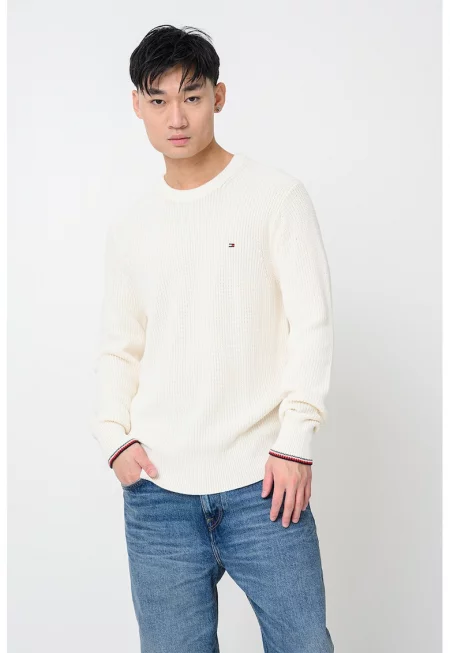 Слим пуловер от органичен памук - Мръснобял