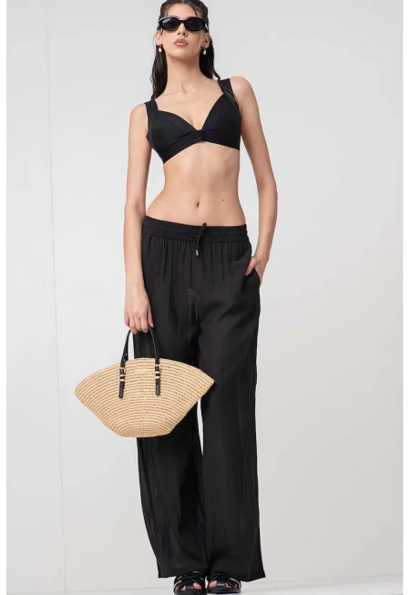 Свободен панталон с връзка - Черен