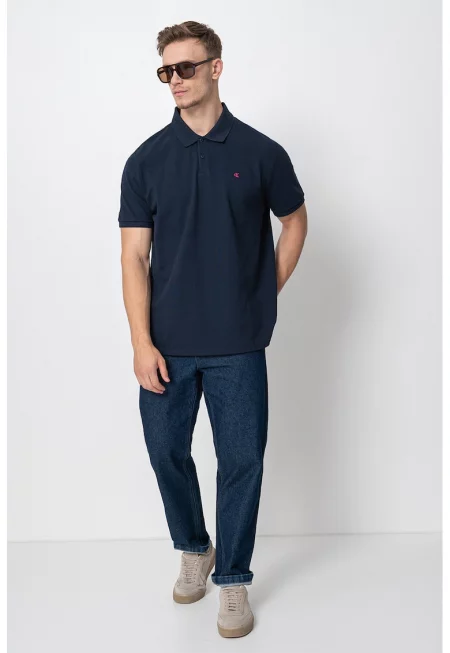 Тениска от памучно пике с яка с лого - Тъмносин