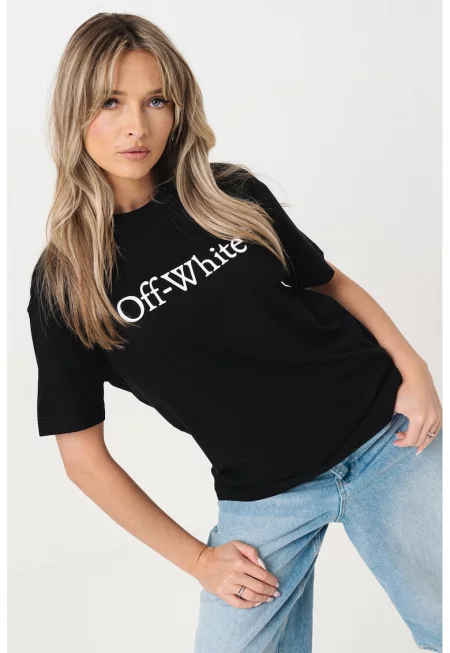 Тениска с овално деколте и надпис - Черен/Мръснобял