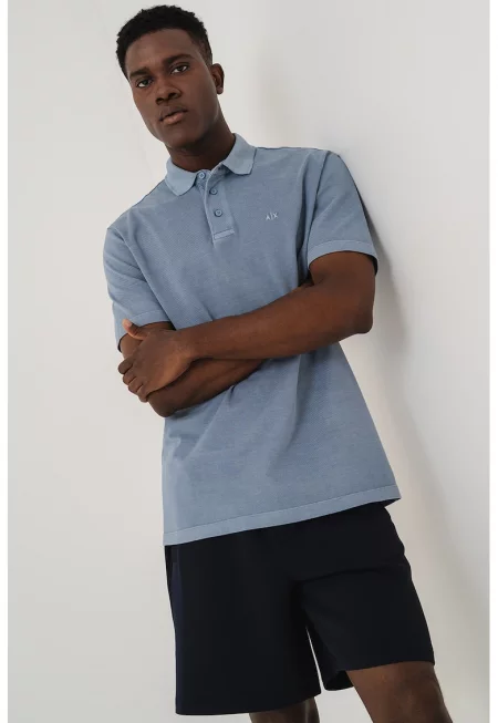 Тениска с яка и лого - Прашно синьо