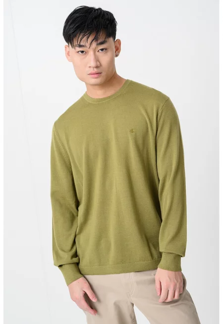 Вълнен пуловер с овално деколте - Маслинено зелено