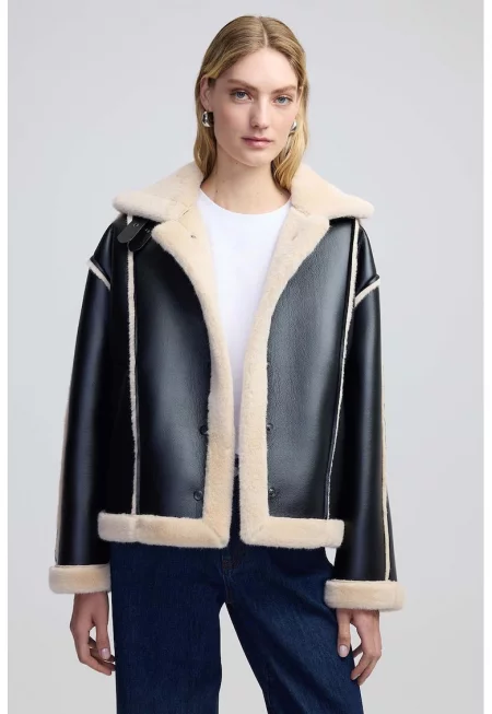 Яке от еко кожа с еко пух - Черен/Бежов