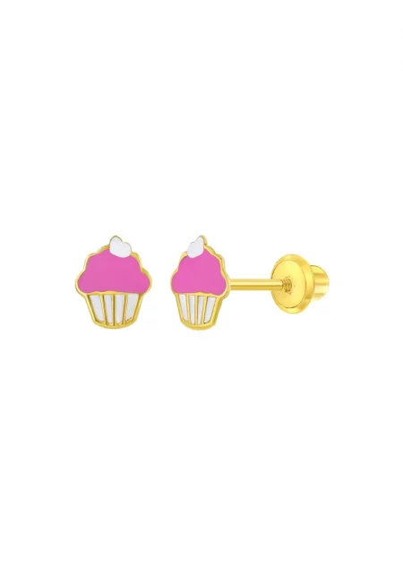 14K златни обеци за бебета - модел Cupcake - затваряне на резба и защита