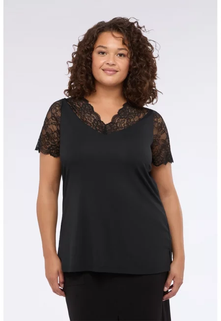 Блуза с модал - къси ръкави и флорална дантела