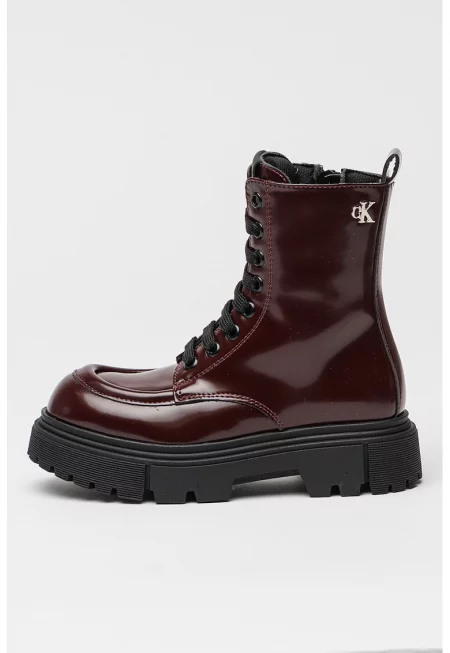 Боти от еко кожа с връзки - Бордо