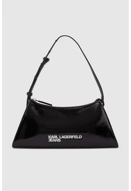 Чанта през рамо от еко кожа с метално лого - Черен