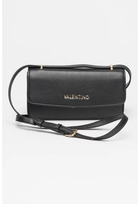 Чанта през рамо от еко кожа с метално лого - Черен