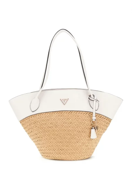 Чанта с рафия - Бял/Светлокафяв