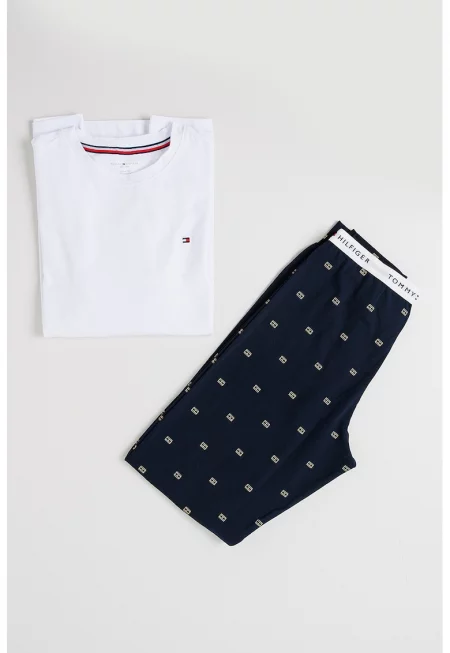 Дълга пижама с памук - Бял/Тъмносин