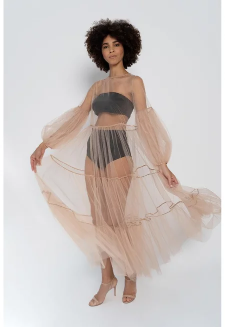 Дълга рокля Alena от прозрачен тюл - Бежов