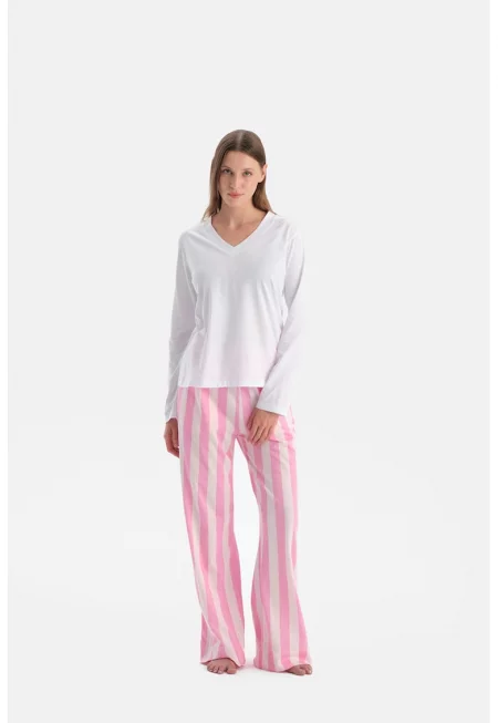 Дълга шпиц пижама от памук на райе - Бял - Розово -
