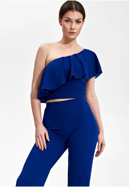 Дамски топ -  Полиестер/Еластан - С волани - Син