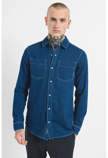 Дънкова риза с контрастни шевове - Тъмносин