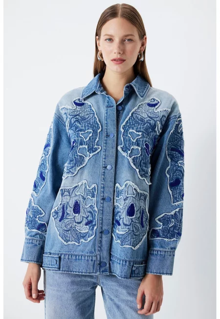 Дънково яке с контрасти - Прашно синьо