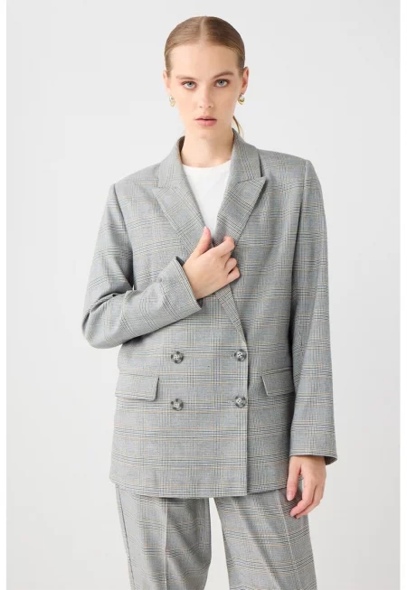 Двуредно сако на каре - Бял/Tъмносив