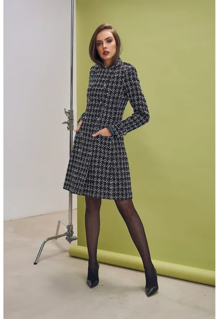 Двуредово палто от туид - Бял/Черен