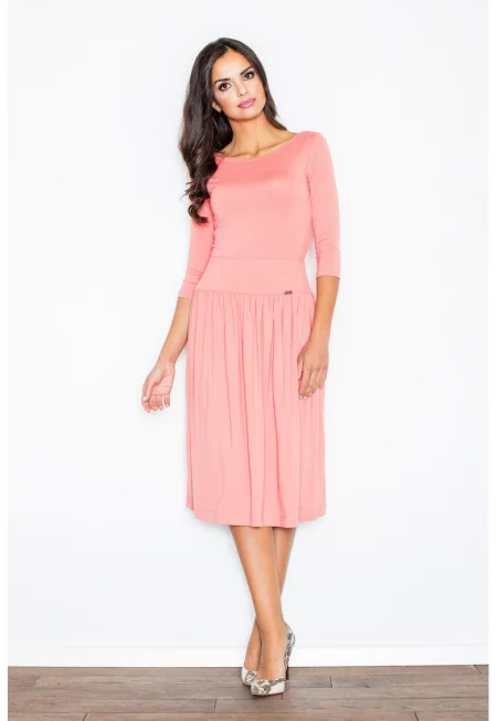 Елегантен комплект миди дреха  розов - с 3/4 ръкави - блуза и панталон