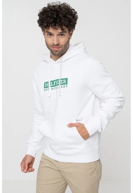 Худи с лого и джоб кенгуру - Зелен/Бял