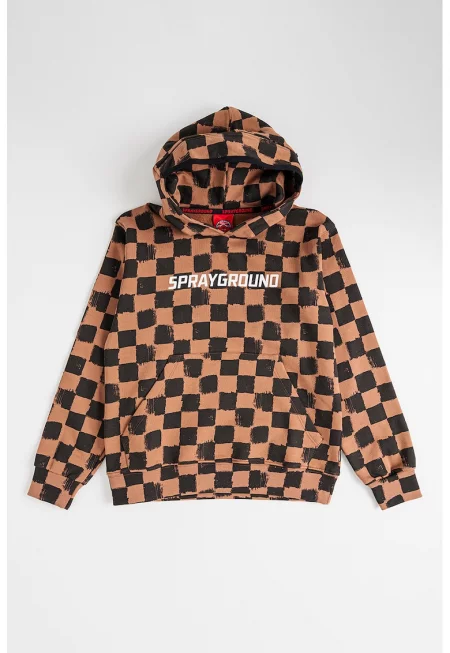 Карирано худи с джоб кенгуру - Черен/Кафяв