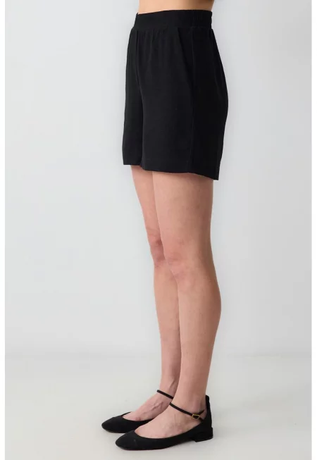 Къс панталон с лен с висока талия - Черен
