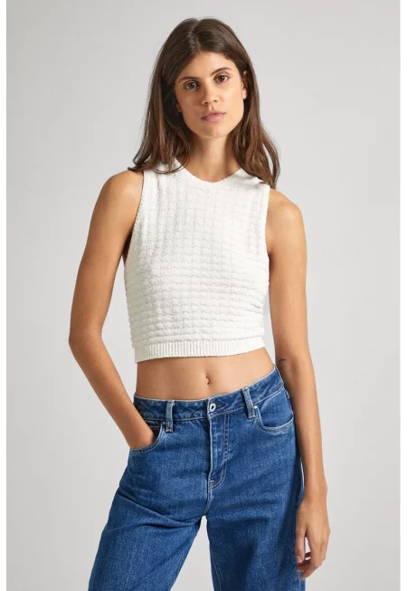 Къс плетен топ - Бял/Син