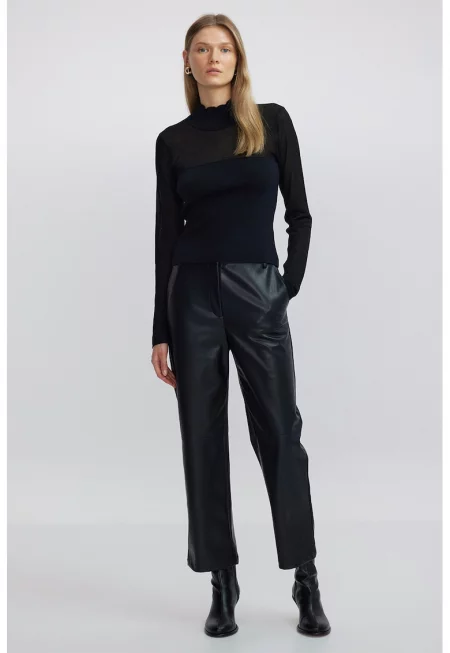 Къс пуловер с дизайн 2 в 1 и декоративни камъни - Черен