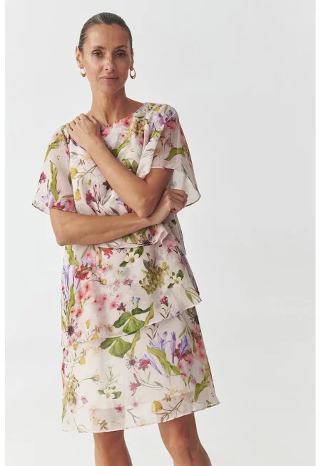 Къса флорална рокля - Слонова кост/Маслинено зелено