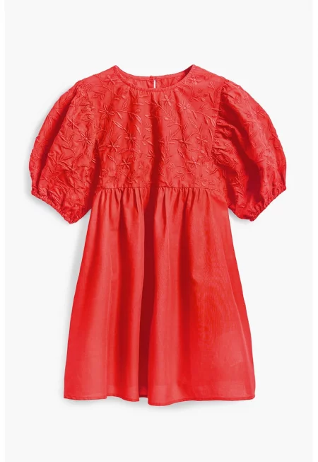 Къса рокля от памук с бухнали ръкави - Аленочервен