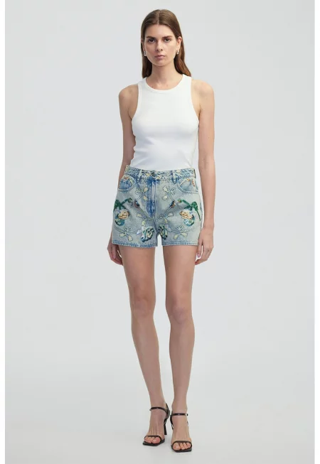 Къси дънки с бродерии и пайети - Светлосин