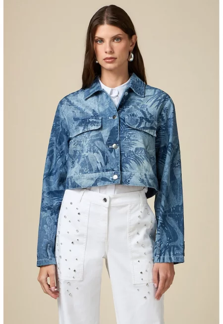 Късо дънково яке с принт - Светлосин/Син