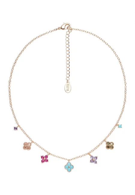 Колие с кристали и флорални елементи - Златист/Тюркоаз/Лилав