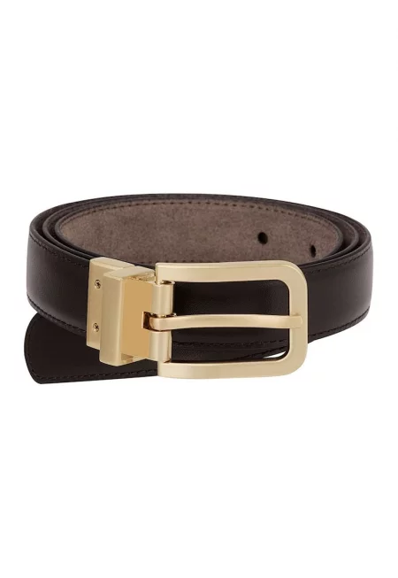 Кожен колан с метална тока - Тъмнокафяв