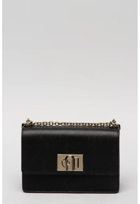 Кожена чанта през рамо с презрамка-верижка с протектор за рамото - Черен