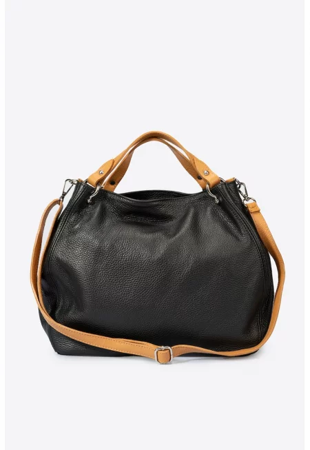 Кожена шопинг чанта с релеф - Черен