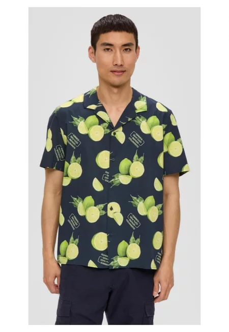 Мъжка риза с къс ръкав - лаймов принт - стандартна кройка - Зелен/Жълт/Тъмно морско синьо