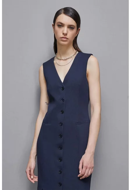 Миди рокля със закопчаване с копчета - Тъмносин