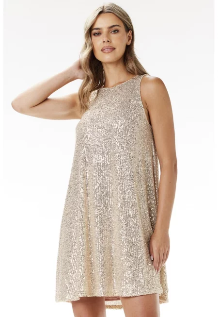 Мини вечерна рокля -  с пайети - халтер деколте - бежова - полиестер/еластан