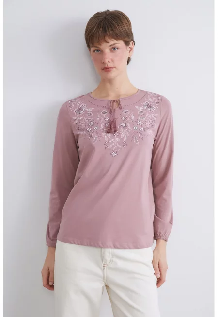 Памучна блуза с овално деколте и флорален принт