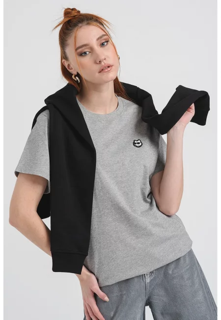 Памучна тениска с овално деколте - Светлосив меланж