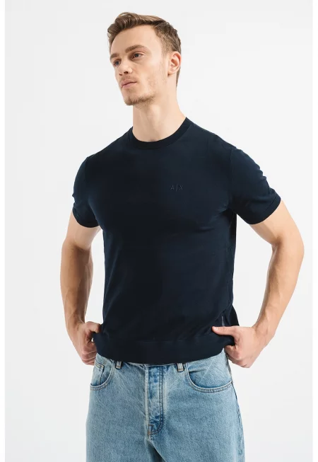 Памучна тениска с овално деколте - Тъмносин